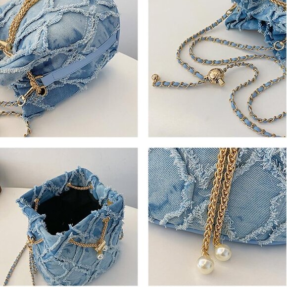 Small Denim Bucket Bag, Jean Purses for Women Denim Crossbody Bags Hobo Bag Draw - Picture 4 of 7